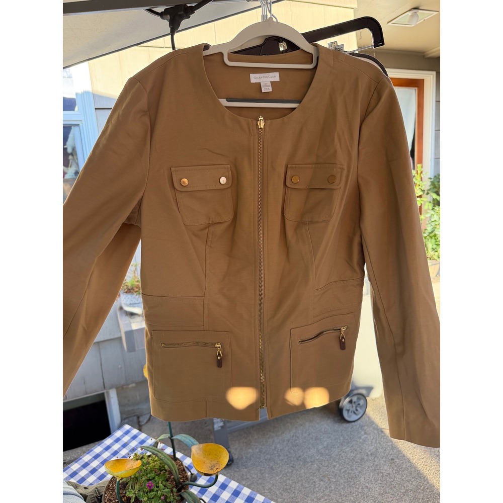 Charter Club Womens Tan Full Zip Utility Jacket Size 12 Gold Hardware Cotton